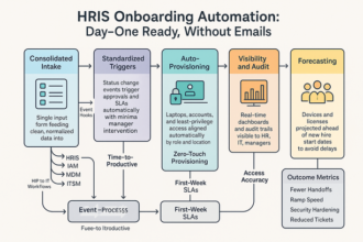 Automated HRIS onboarding workflow showing integrated device provisioning and access management