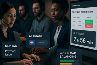 Dashboard of monday.com showing AI-driven support ticket triage, auto-assign, and SLA timer features