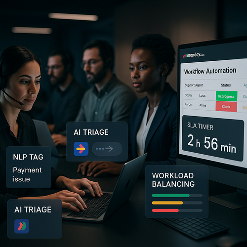 Dashboard of monday.com showing AI-driven support ticket triage, auto-assign, and SLA timer features