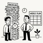monday.com dashboard showing weekly planning workflow with backlog tasks organized by priority, owner, and dependencies