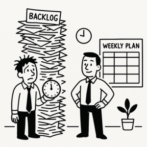 monday.com dashboard showing weekly planning workflow with backlog tasks organized by priority, owner, and dependencies