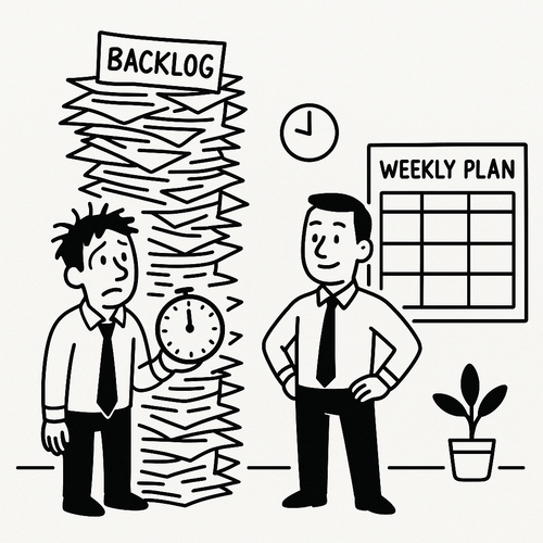 monday.com dashboard showing weekly planning workflow with backlog tasks organized by priority, owner, and dependencies