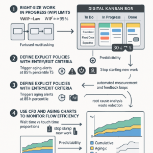 Digital Kanban board transforming a Value Stream Map with WIP limits and swimlanes to cut lead time by 30%