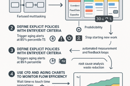 Digital Kanban board transforming a Value Stream Map with WIP limits and swimlanes to cut lead time by 30%