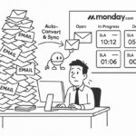 Dashboard showing Gmail and Outlook emails synced as tasks in Monday.com with SLA tracking
