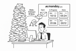 Dashboard showing Gmail and Outlook emails synced as tasks in Monday.com with SLA tracking