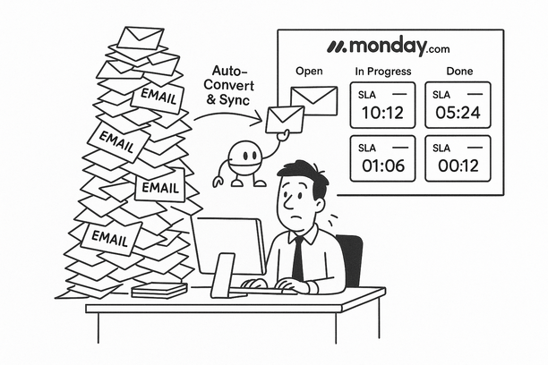 Dashboard showing Gmail and Outlook emails synced as tasks in Monday.com with SLA tracking
