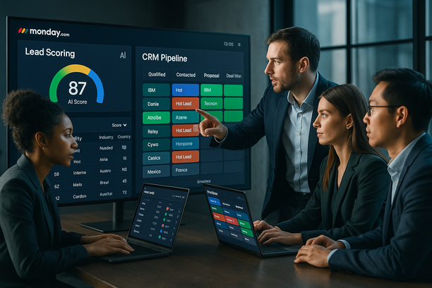 Dashboard showing AI-driven lead scoring and automatic hot B2B lead assignment inside Monday.com platform