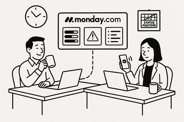 Dashboard on Monday.com showing automated async updates replacing status meetings