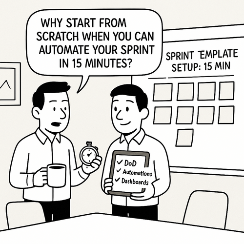 Screenshot of a Monday.com sprint template board featuring automations, Definition of Done, and burndown views for agile teams