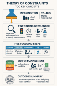 Diagram illustrating the Theory of Constraints process highlighting the bottleneck and buffer management to increase throughput