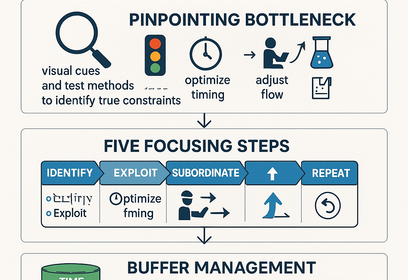 Diagram illustrating the Theory of Constraints process highlighting the bottleneck and buffer management to increase throughput