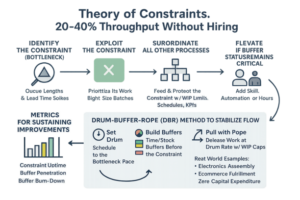 Diagram illustrating Theory of Constraints with bottleneck identification and throughput improvement steps