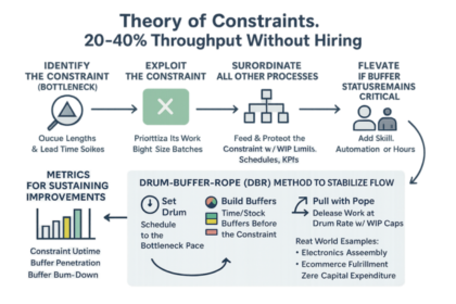 Diagram illustrating Theory of Constraints with bottleneck identification and throughput improvement steps