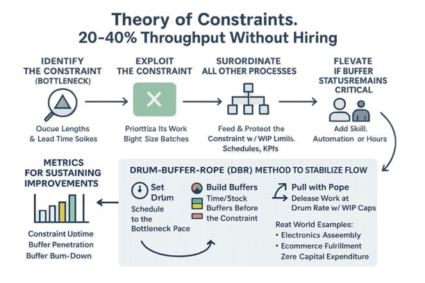 Diagram illustrating Theory of Constraints with bottleneck identification and throughput improvement steps