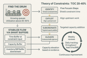 Diagram illustrating the Theory of Constraints process to identify and optimize bottlenecks for increased throughput