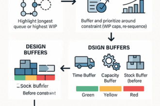 Diagram illustrating TOC five focusing steps to identify and protect the constraint with buffers for 20-40% throughput improvement