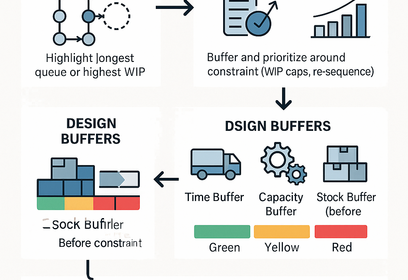 Diagram illustrating TOC five focusing steps to identify and protect the constraint with buffers for 20-40% throughput improvement