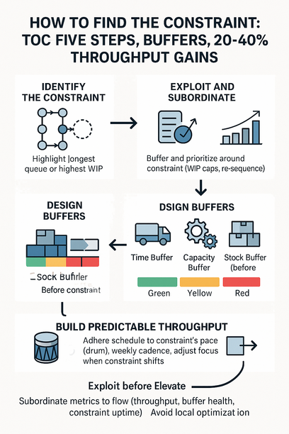 Diagram illustrating TOC five focusing steps to identify and protect the constraint with buffers for 20-40% throughput improvement