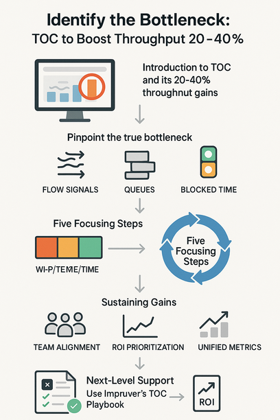 Diagram illustrating the Theory of Constraints identifying a production bottleneck to increase throughput by 20–40%