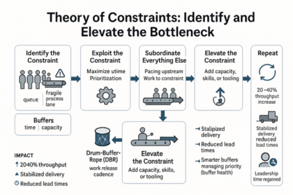 Flow diagram illustrating the Theory of Constraints process to identify and elevate system bottlenecks