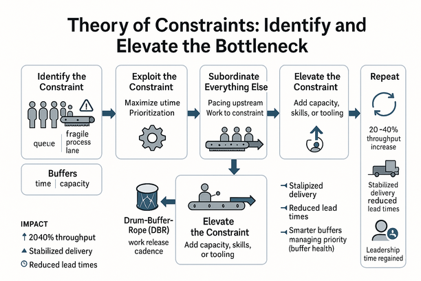 Flow diagram illustrating the Theory of Constraints process to identify and elevate system bottlenecks