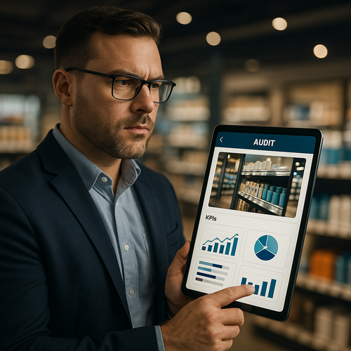 Standardized regional store audit interface with photo evidence and key performance indicators