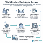 Workflow diagram showing CMMS email-to-work-order automation with smart subject naming and photo attachments