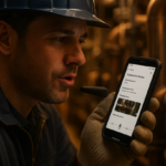 Technician using Lyaxis Check app for hands-free, voice-to-text inspection notes on a mobile device
