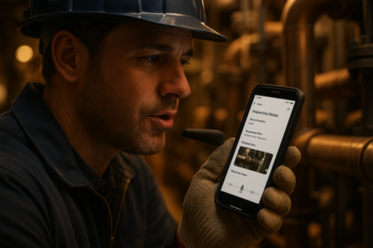 Technician using Lyaxis Check app for hands-free, voice-to-text inspection notes on a mobile device