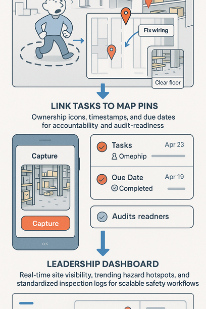Live warehouse site map displaying pins and annotated photos for precise hazard identification and faster fixes