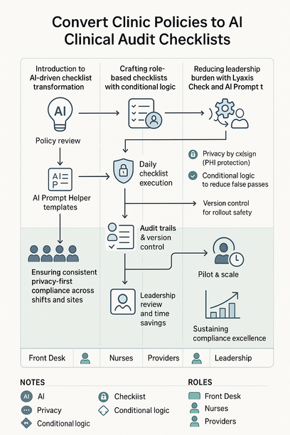 AI-driven clinical audit checklist interface streamlining clinic policy compliance and standardizing healthcare workflows