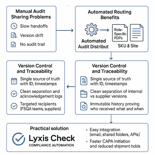 Illustration of automated food safety audit distribution streamlining CAPA processes and reducing shipment holds