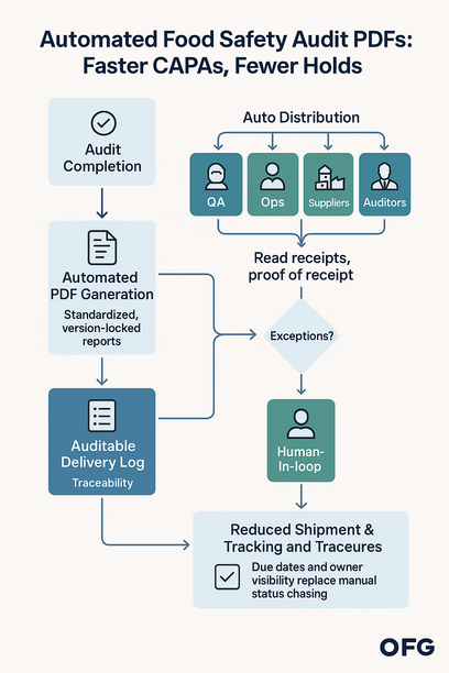 Illustration of automated distribution of food safety audit PDF reports speeding up CAPA processes and reducing shipment holds
